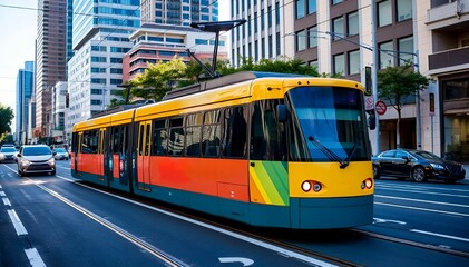 Naklejka premium modern yellow and orange tram moving through city streets with tall buildings in the background