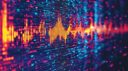 Abstract digital audio waveform visualizer with glowing particle effects