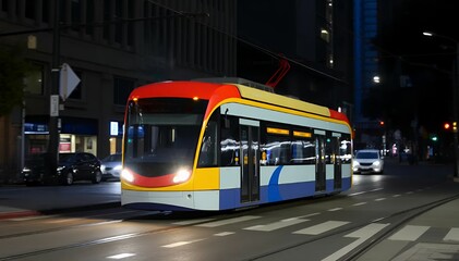 Obraz premium modern electric tram traveling through city streets at night