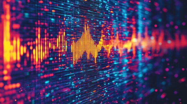 Abstract digital audio waveform visualizer with glowing particle effects