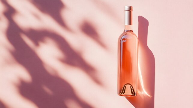 Professional flat lay composition of a blank wine bottle lying down for design mockup or branding presentation
