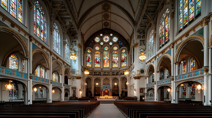 Fototapeta premium Grand Interior View Of Church With Colorful Stained Glass Windows And Detailed Architectural Design