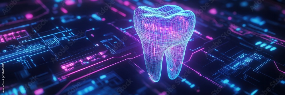 Poster futuristic neon blue and purple wireframe dental implant floating in a dark high-tech interface with
