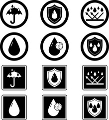 Black Water and Dust Resistant Labels. Vector Icons for Packaging, Stickers. Material Protective from Water, Sweat and Dust