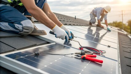 Two technicians install solar panels on a residential roof, using tools for precise alignment. Renewable energy sources promote sustainability, reduce carbon footprints, and lower electricity costs.