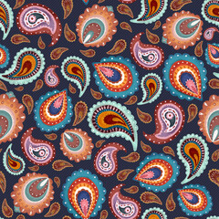 Pattern with paisley elements. Endless texture on dark blue background with twill weave texture. Print for home textile, women's wear, scrapbook paper

