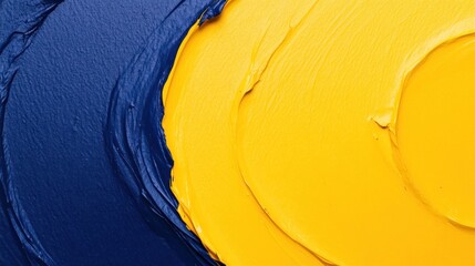 Bold colors of navy blue and bright yellow blend together in an artistic swirl on canvas. textured layers highlight the contrast and depth, showcasing creativity in color application