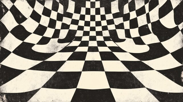 Wavy black and white checkered pattern with a vintage texture creating a distorted perspective.