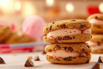 Sweet Stack of Ice Cream Sandwich: Two chocolate chip cookie ice cream sandwiches stacked, with soft pink ice cream filling oozing in a photorealistic setting. A delectable treat.