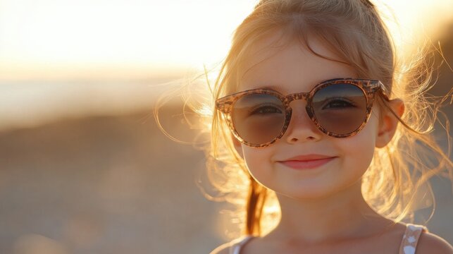 Young girl with sunglasses smiling brightly against a sunlit beach background, showcasing carefree summer vibes and joyful innocence in a warm, golden atmosphere