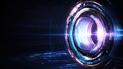 Obraz premium Illuminated lens aperture glows with striking light patterns, highlighting intricate technology details, creating a futuristic atmosphere during evening hours