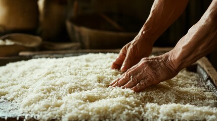 Obraz premium Hands Sorting White Rice on Wooden Surface in Natural Light