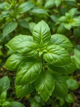 Sweet basil, Thai basil (Ocimum basilicum Linn.) on nature background. Leaf essential oils contain Ocimine, alpha-pinene, 1,8-cineole, eucalyptol, linalool, geraniol, limonene, eugenol.