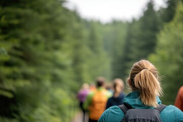 group of people enthusiastically engaged in nordic walking on scenic forest trail brandishing trekking poles and dressed