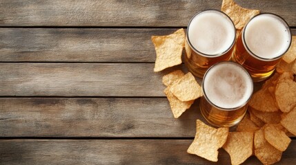 Three glasses of golden beer are surrounded by crunchy chips, creating a relaxed atmosphere perfect for socializing with friends in a cozy setting