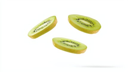 Falling identical guava slices floating in the air isolated on white background