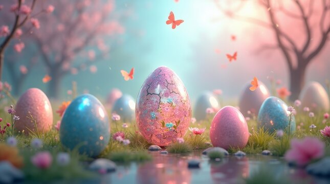 Whimsical transparent egg with blooming flowers inside, glowing in warm sunlight with butterflies dancing around.