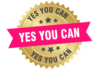 yes you can. yes you can round pink and gold label isolated on transparent background