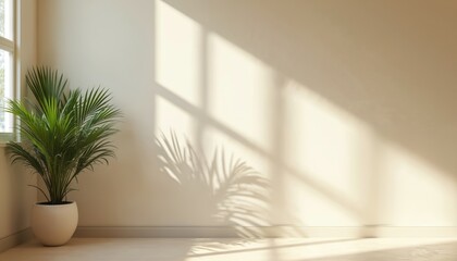Green houseplant in pot casts palm shadow on white wall. Sunlight through window. Minimalist design. Natural light play home interior design. Eco style living room decor.