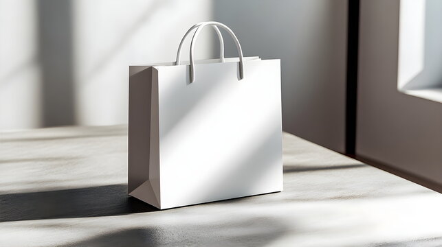 A modern white paper bag mockup with rounded edges, placed on a simple gray background. The blank surface is ideal for branding, logo design, or text placement. Minimalist design with small cutout han