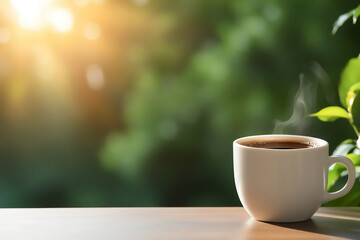 Fototapeta premium a steaming cup of coffee on the wooden table with a blurred nature backgro