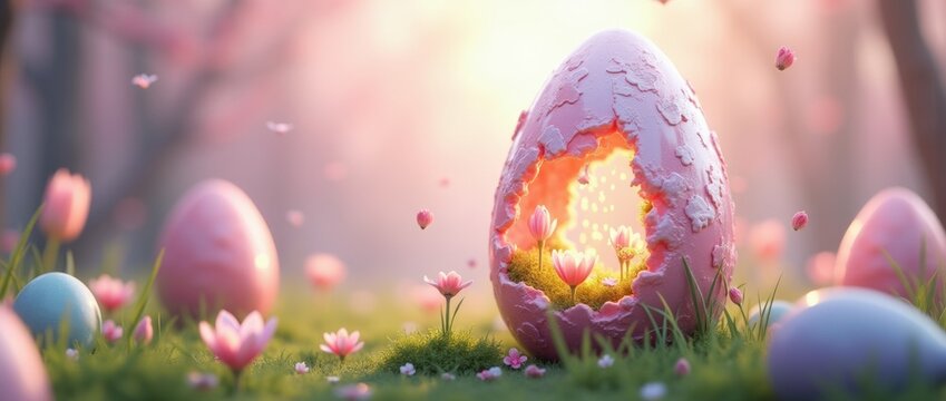 Whimsical transparent egg with blooming flowers inside, glowing in warm sunlight with butterflies dancing around. - Powered by Adobe