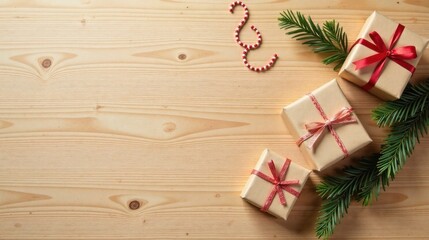 Fototapeta premium A Festive Arrangement of Wrapped Gifts with Evergreen and Candy on Light Wood