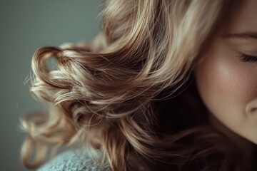 Fototapeta premium Soft Focus Portrait Blonde Woman Closed Eyes: Curly Hairstyle, Gentle Expression, Beauty, Calmness, Model, Female, Skin Detail