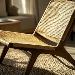 Modern woven chair, natural light, warm tones