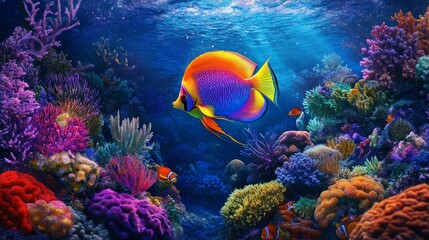 Obraz premium A vibrant angelfish swimming near a coral garden.