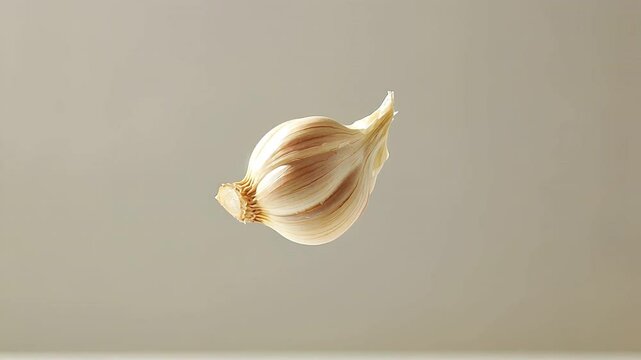 Garlic clove against minimalist backdrop: A close-up studio shot of a single, fresh garlic clove. The image emphasizes the texture and form of the garlic, its delicate layers beautifully rendered.