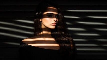 Naklejka premium woman with long hair poses gracefully in a dramatic indoor area, with sunlight casting striped shadows across her face. interplay of light and darkness creates a striking visual effect