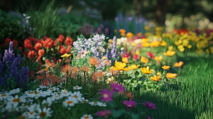 A vibrant flower bed with different species blooming in the garden.