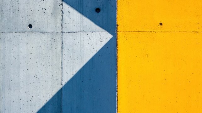 Bright yellow and gray concrete surfaces form distinct geometric shapes showing patterns of light and shadow. This urban abstraction captures modern architectural aesthetics and design elements