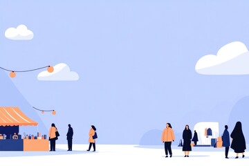 lively flat design illustration of vibrant fashion festival featuring diverse stylishly dressed silhouettes mingling