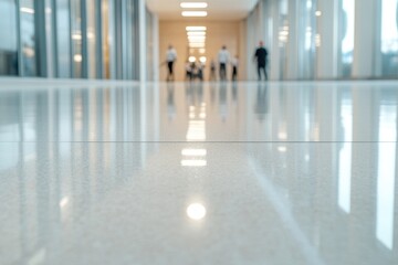 lone cleaning professional meticulously polishes floor with reflection of their focused expression clear