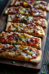 Wooden cutting board with pizza slices