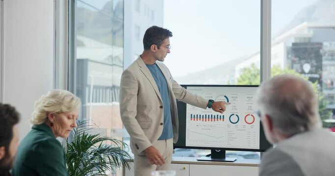 Man, presentation and monitor with charts in boardroom for feedback, accounting or financial planning. Person, leader or speaker with group, graphs and stats for profit, revenue and review at office