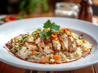 chicken rice in white plate