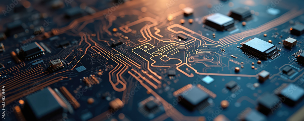 Aufkleber Close-up of intricate pathways on circuit board showing blueprint of modern computing power. Tech electronic pathways, engineering hardware, digital components, connection, microchips of computer.