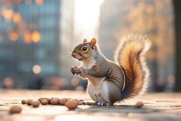 lone squirrel diligently gathers nuts amid bustling city park epitomizing urban wildlife amidst human routines with