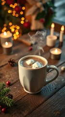 Cozy mug with steaming hot chocolate on a rustic wooden table, holiday decor, lights, candles