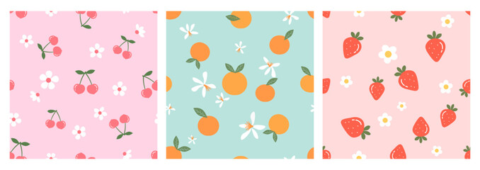 Fruits seamless patterns with heart shape cherry, orange, strawberry and white flower on pink and green backgrounds vector. Cute fruit prints.