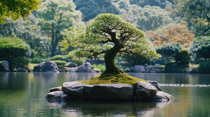 Bonsai Tree On Rock Lake