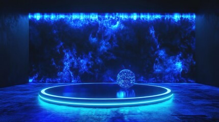 Glowing blue sphere illuminated on a circular stage in the dark
