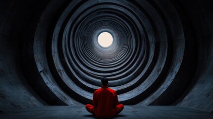 person wearing a red outfit sits cross-legged in a dark, circular chamber filled with concentric patterns, focusing on a bright light at the end, creating a serene atmosphere
