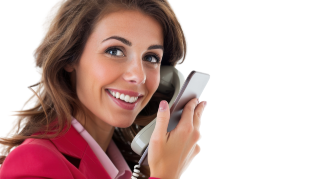 Businesswoman smiling and speaking on landline phone while holding mobile phone with transparent background