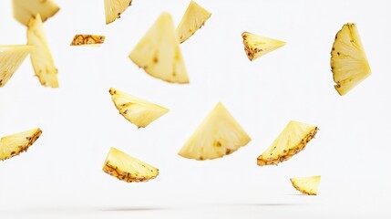 Falling identical pineapple slices floating in the air isolated on white background