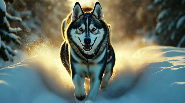 Energetic siberian huskies running through snowy forest at sunset