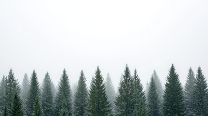 Snow gently falls over tall evergreen trees, creating a tranquil winter atmosphere. misty backdrop obscures details, adding to the serene, quiet ambiance of the forest